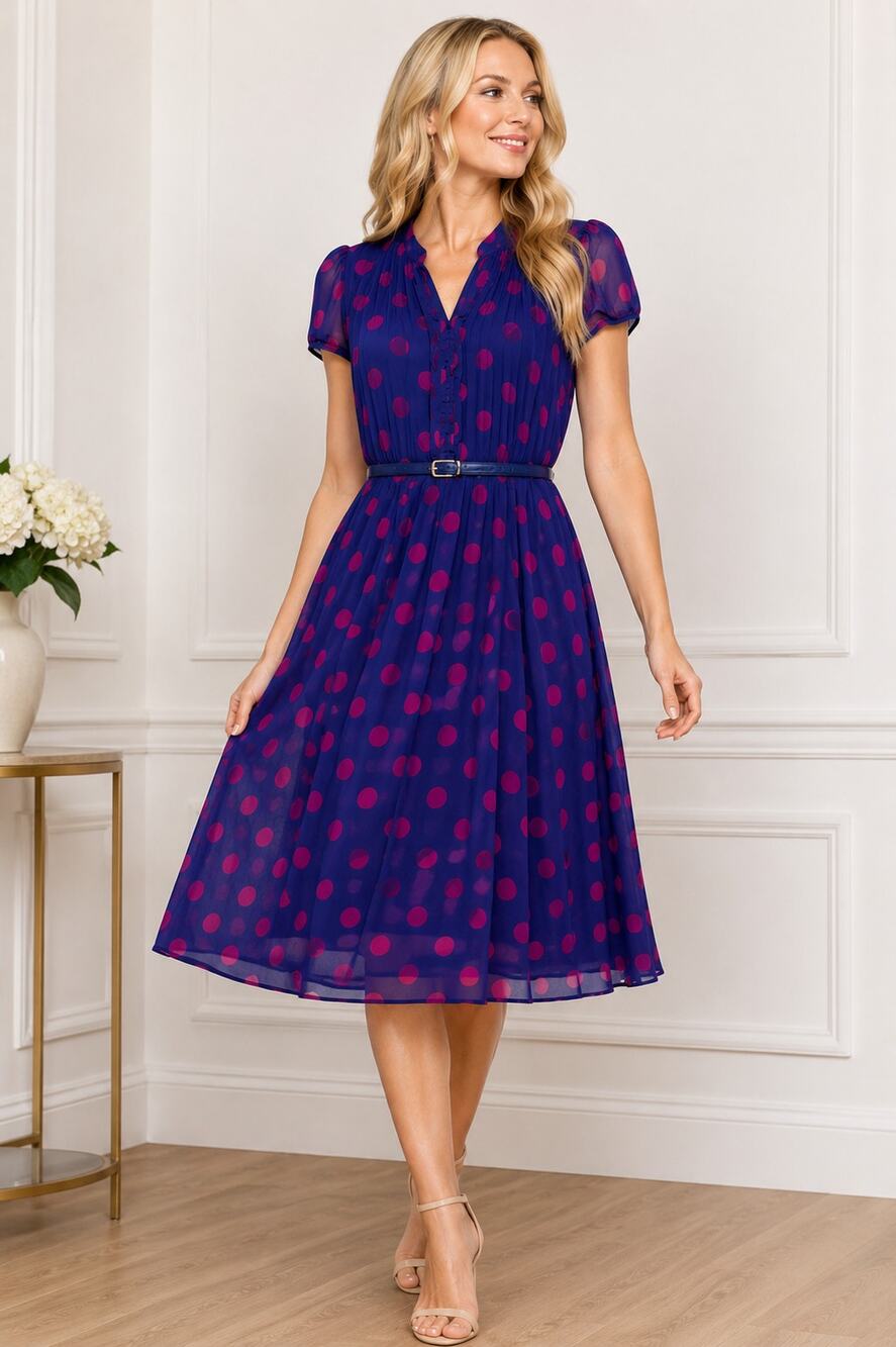 Dan269 MSK Polka Dot Dress Navy Pink Chiffon Pleated A Line Belted Small